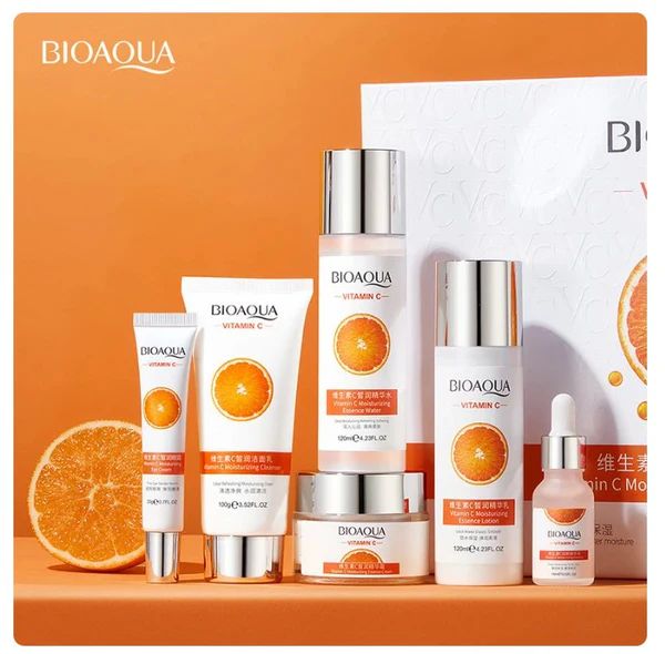 Bioaqua skincare products with orange theme on an orange background
