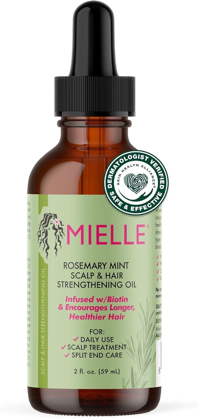 MIELLE Rosemary Mint Scalp and Hair Strengthening Oil bottle with dropper on a white background