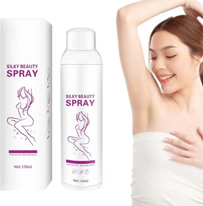 Kingyes Silky Beauty Spray with packaging and a woman using it on her arm.