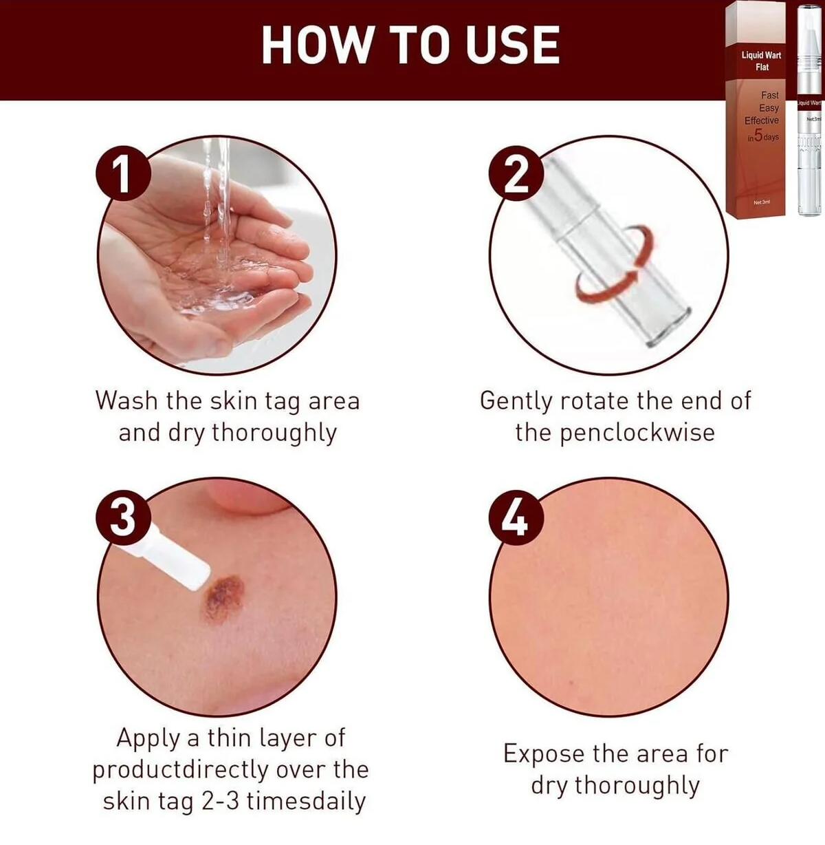 Instructional graphic titled 'HOW TO USE' showing four numbered steps for applying a liquid skin tag removal product: wash and dry the skin, rotate the applicator, apply a thin layer, and expose the area for dry time. A small product box and pen are pictured in the top right corner.