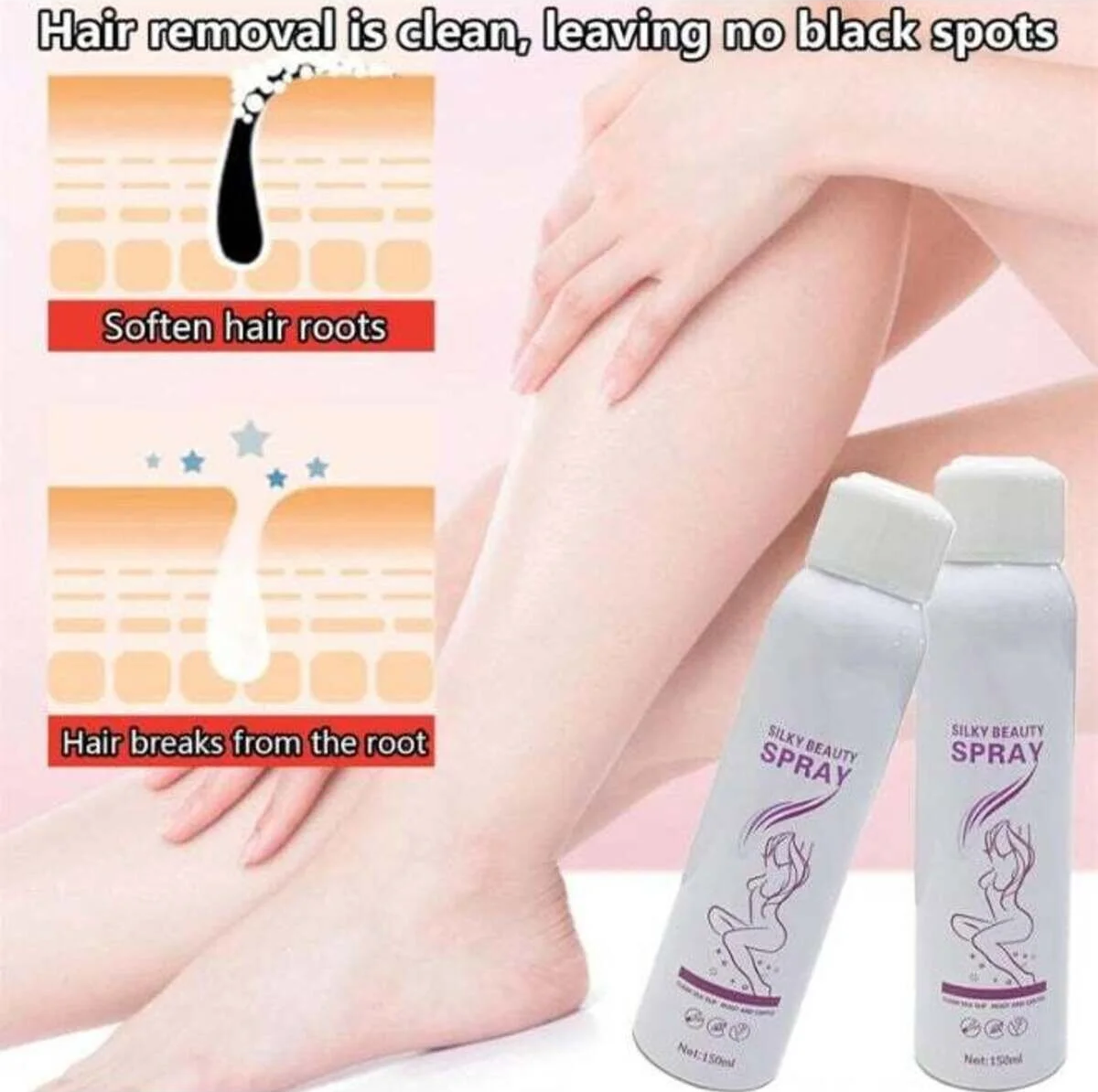 Kingyes Hair removal spray bottles shown beside a person's leg with hands, plus explanatory inset graphics about softening hair roots and breaking hair from the root. Text at the top reads 'Hair removal is clean, leaving no black spots.