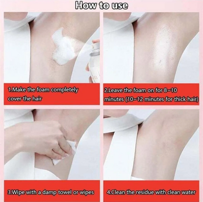 Instructions on how to use a hair removal product with text overlay on a pink background.