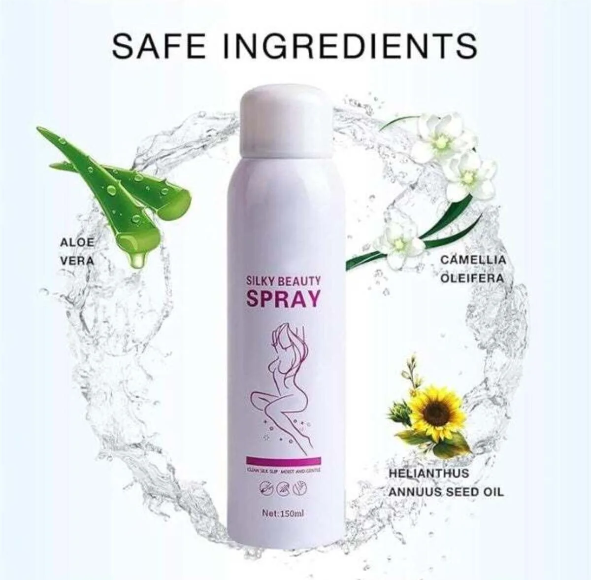 Kingyes Silky Beauty Spray in a white cylindrical bottle, surrounded by water splash graphics and illustrations of aloe vera, camellia oleifera, and helianthus annuus seed oil, with the text 'SAFE INGREDIENTS' at the top.