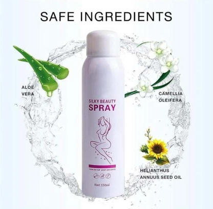 Kingyes Silky Beauty Spray in a white cylindrical bottle, surrounded by water splash graphics and illustrations of aloe vera, camellia oleifera, and helianthus annuus seed oil, with the text 'SAFE INGREDIENTS' at the top.