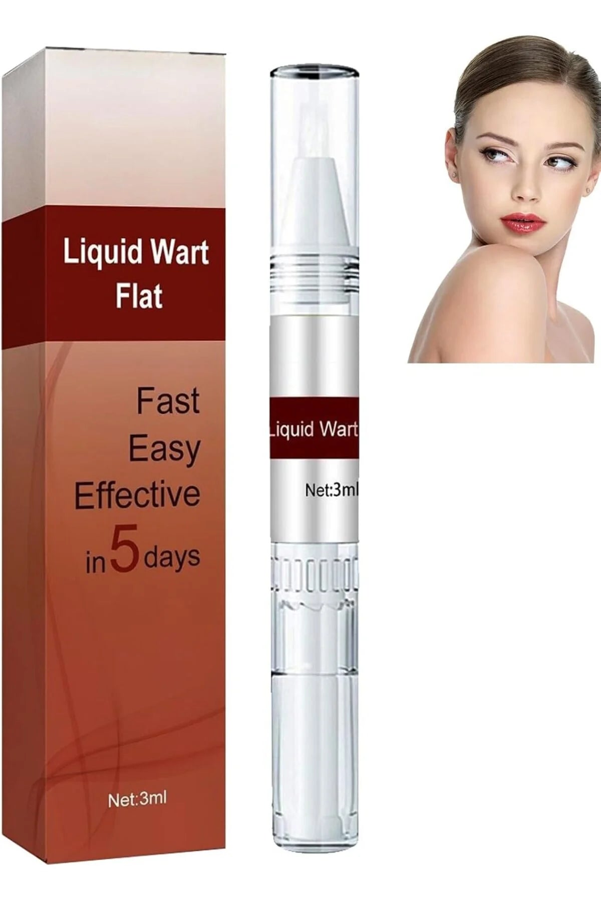 Liquid Wart Flat wart remover product shown with its retail box and a clear applicator pen, alongside a small inset photo of a woman's shoulder and neck on a white background.