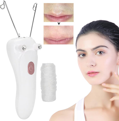 threading facial hair removal with a woman's face and close-up of skin before and after use on a white background.
