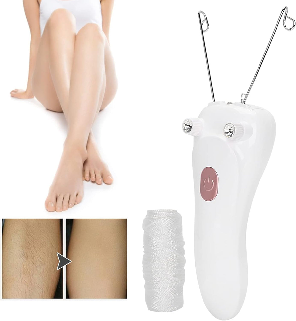 threading facial hair removal device with before and after images of legs on a white background