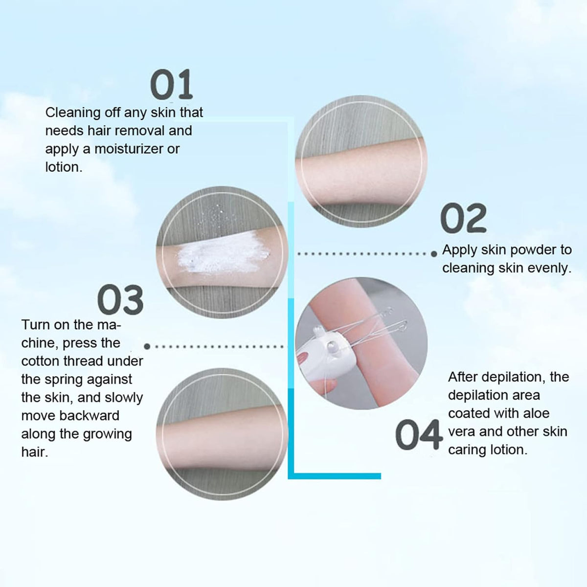 Step-by-step guide for hair removal process with text and illustrations.