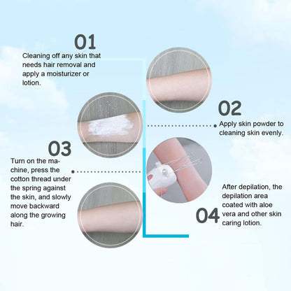 Step-by-step guide for hair removal process with text and illustrations.
