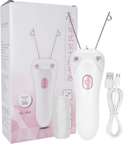 threading facial hair removal device with USB cable and packaging on a white background