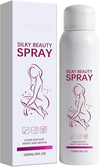 Kingyes Silky Beauty Spray shown with its white retail box and matching spray bottle, featuring a pink line-art illustration of a seated woman and pink text on a white background.