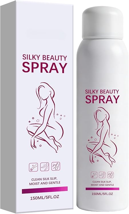 Kingyes Silky Beauty Spray shown with its white retail box and matching spray bottle, featuring a pink line-art illustration of a seated woman and pink text on a white background.