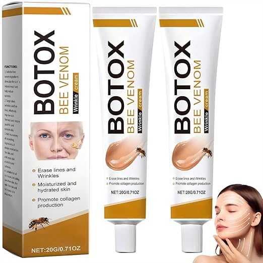 Botox Bee Venom product packaging with a woman applying cream on her face.